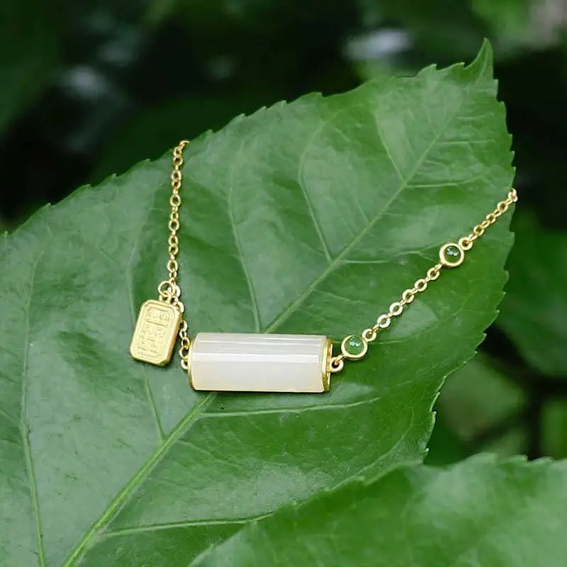

[Xia Rou] Natural Hetian Jade White Jade White Jade Retro Artistic Bracelet 925 Silver Non-Fading Inlaid Jasper