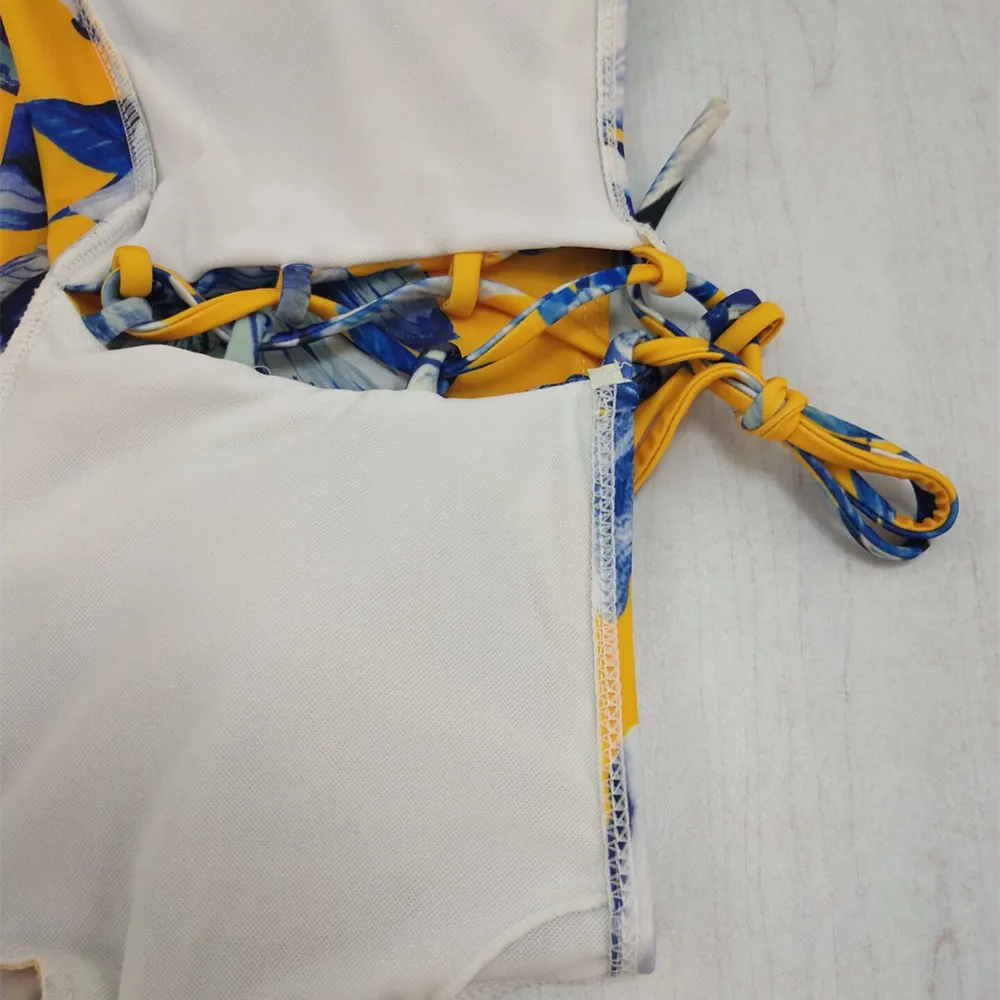 2019 желтого цвета с принтом в виде листьев Для женщин летние купальники бикини