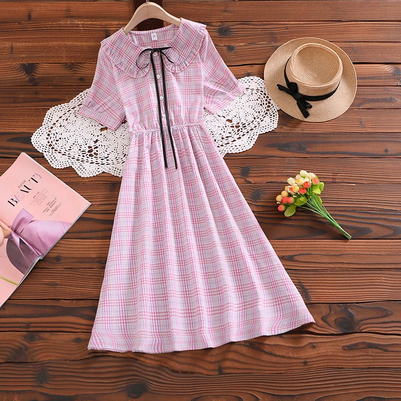 

Новое милое клетчатое платье в японском стиле с коротким рукавом mori girl Повседневные платья