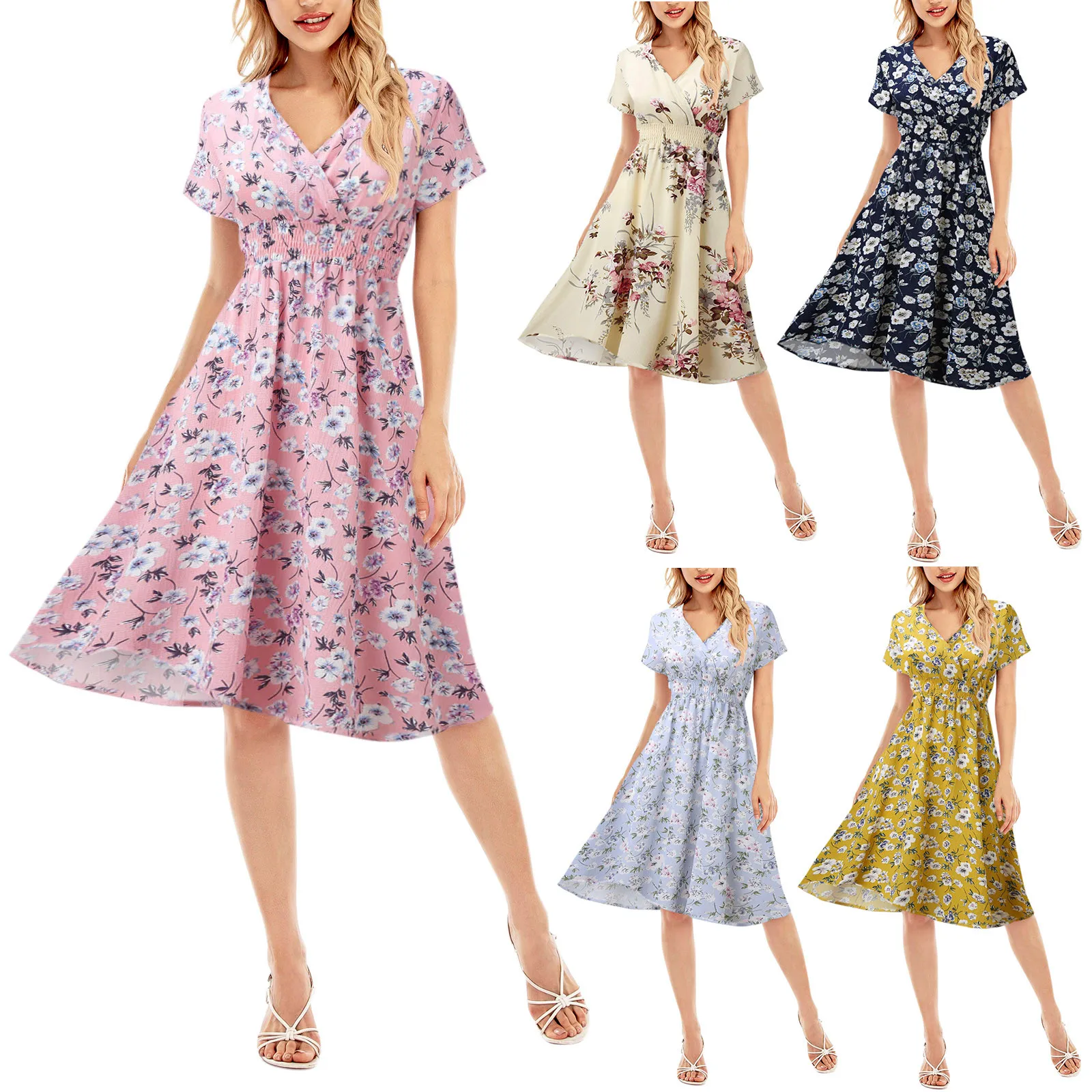 

Yellow Vintage Floral Print Women Summer Dress 2021 Casual V-neck Short Sleeve A-line Chiffon Beach Midi Dresses Vestidos#G