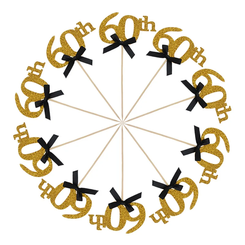 gold 60th 10 шт. Золотой Серебряный 30-й для именинного пирога Топпер счастливый 40/50/60-й юбилей день рождения украшения для взрослых Свадебные Поставки - Цвет: gold 60th