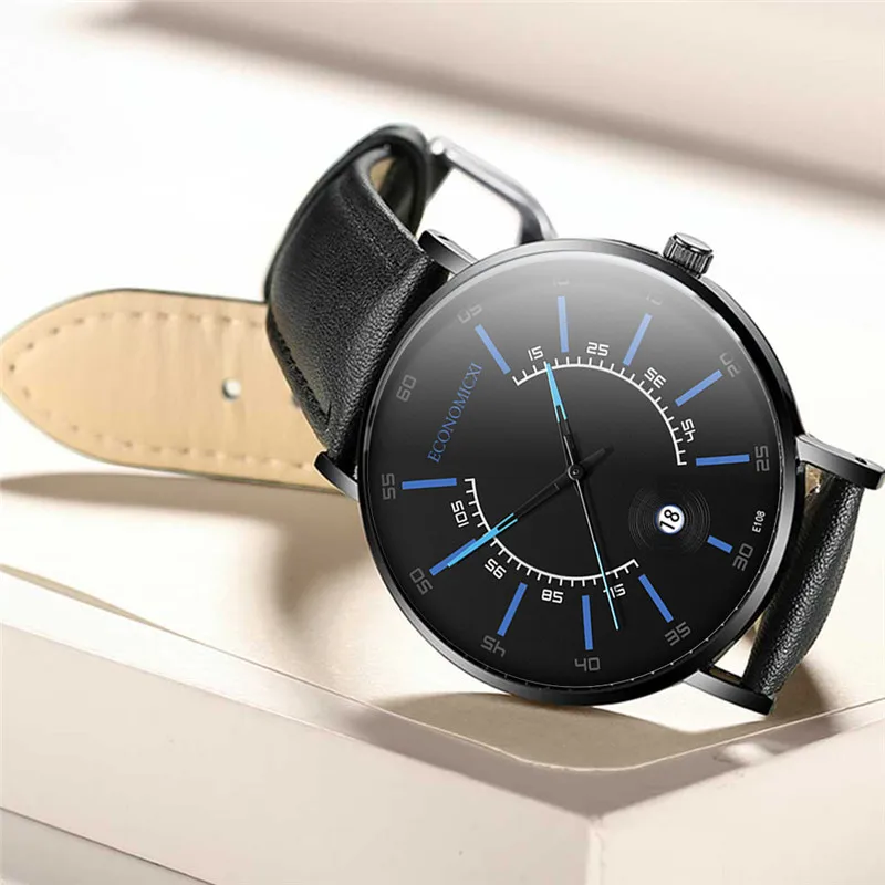 Трендовые мужские часы кварцевые черные кожаные с календарем персональный