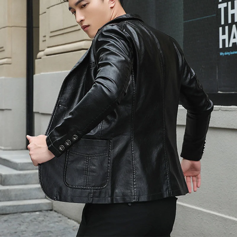 

2021 New Spring Autumn Men Vintage Korean Style Solid Faux Leather Clothing Cool Jacket Male PU Leather Slim Biseness Coat S211