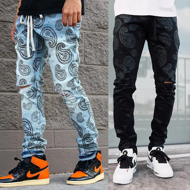 

Men Jeans with Holes and Old Cashew Flower Print Mid-waist Washed Cotton Thin Autumn Trendy Street Denim Straight-leg Pants