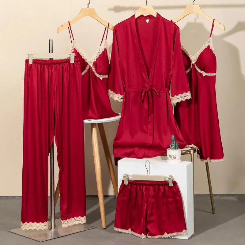 

PJS Sexy Sleepwear V-Neck Satin Pajamas Suit Summer Faux Silk Wedding Party Loungewear Kimono Robe Gown 5PCS Home Clothes
