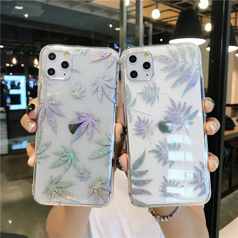 Прозрачный чехол с блестящими листьями для iPhone 12 11 Pro X XS Max XR 6 6S 8 7 Plus прозрачная