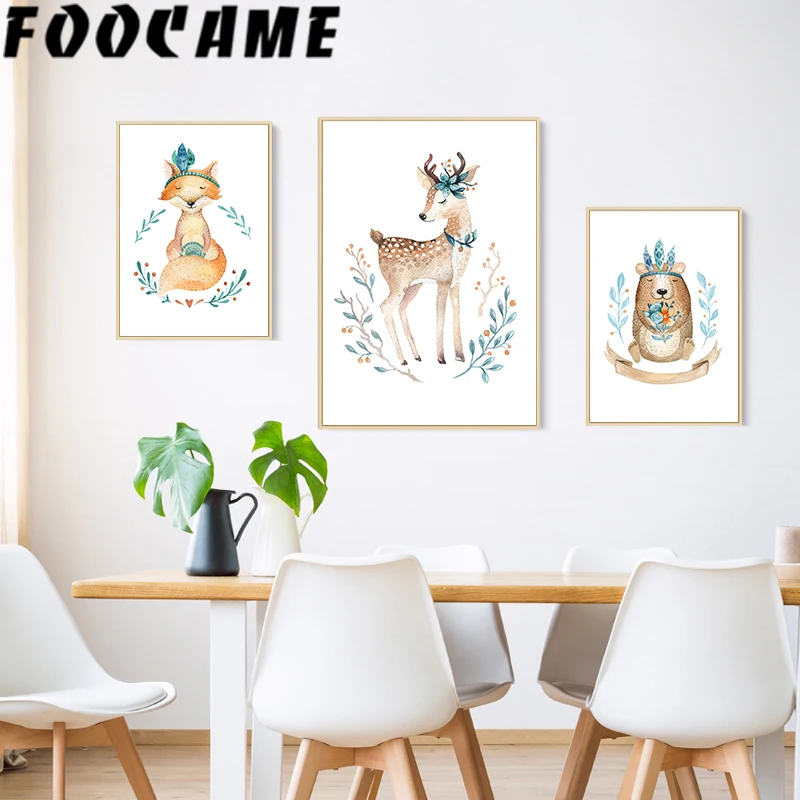 Мультяшные животные индийский лиса Медведь Олень скандинавские плакаты и принты