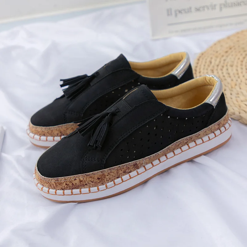 

All-match Lace-up Breathable Non-slip Solid Color Women Student Shoes Hollow Out Fringed Low-top Casual Flat Women Shoes Fashion