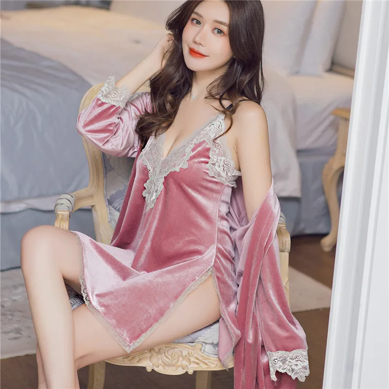 MECHCITIZ 2019 Autumn Winter Women Velvet Robe Gown Sets Sleep Lounge Pijama Ladies Nightwear Bathrobe Night Dress Pajamas | Женская