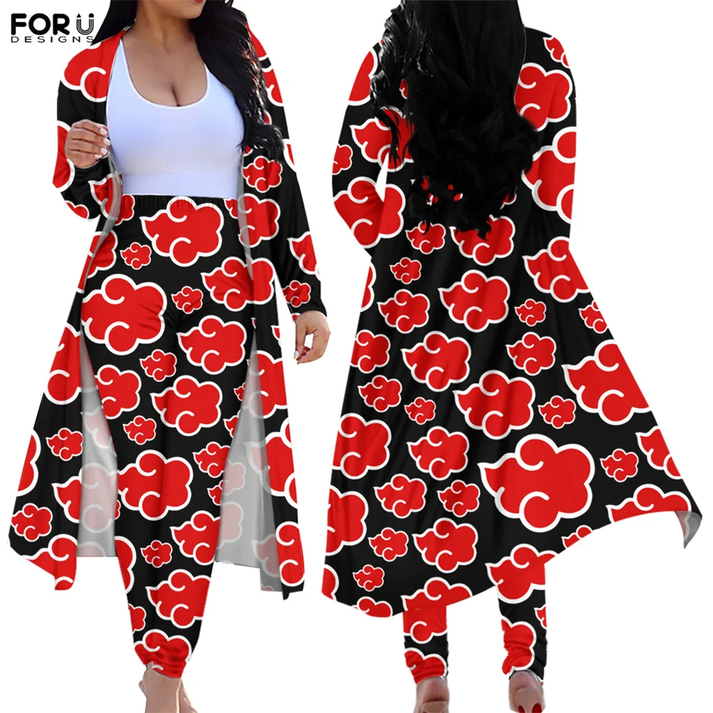 

FORUDESIGNS 2021 Hot Style Women 2 Piece Suit Retro Red Clouds Outfit Spring Trench Coat And High Waist Skinny Pants Suits