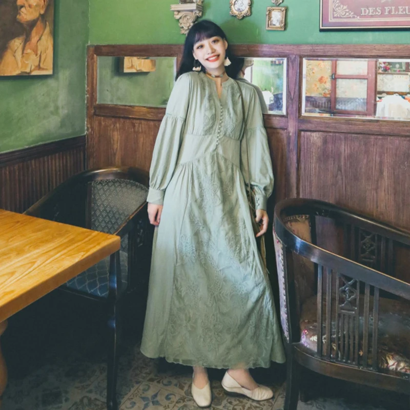 

Fashion Swing Floral Lace Embroidery Maxi Dress Elegant Muslim Arabian Oman Puff Sleeve Dresses 2021 Fall Newest Long Robe Femme