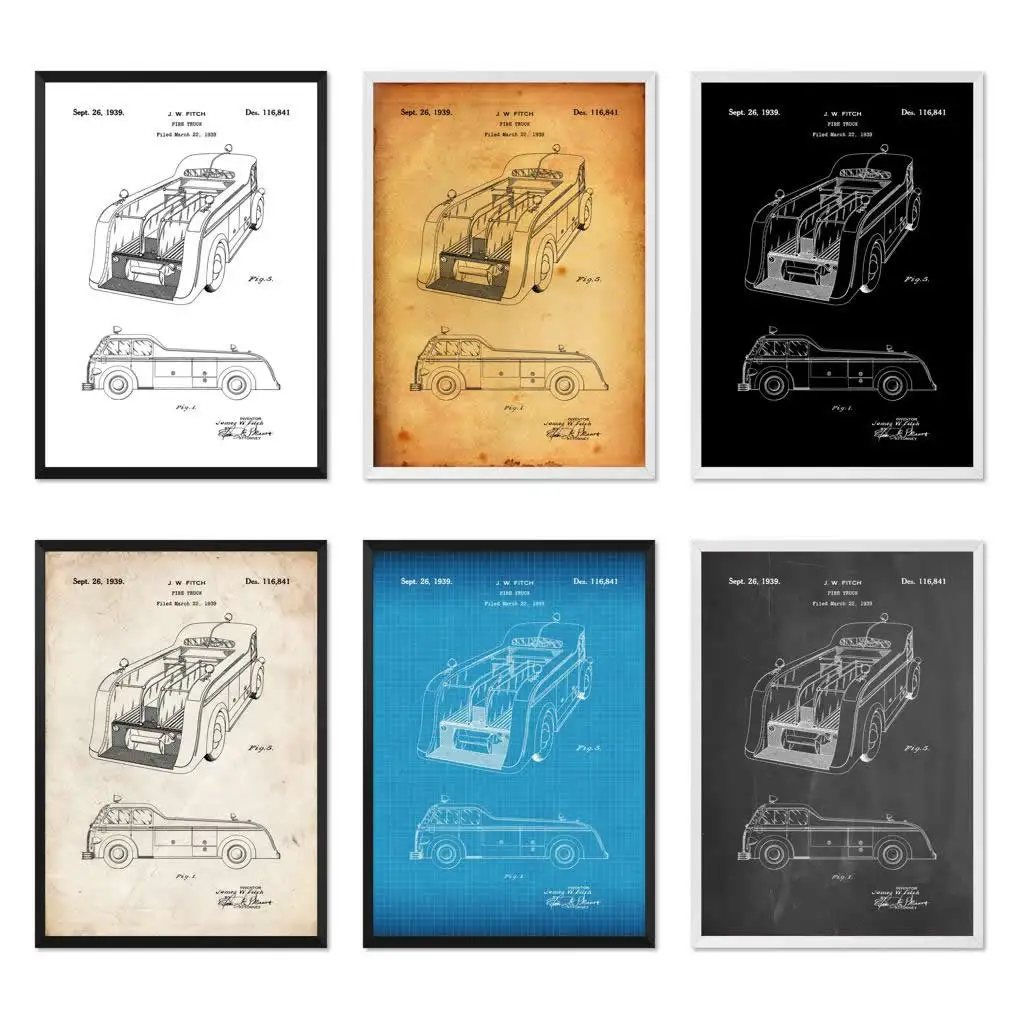 Винтажный патент пожарного грузовика 1939 схема плакат Холст Живопись Печать