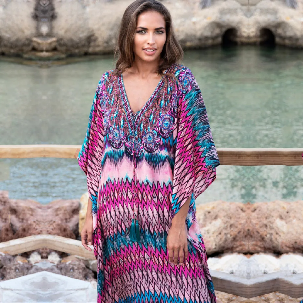 2021 накидки на бикини летнее платье с богемным принтом и V образным вырезом