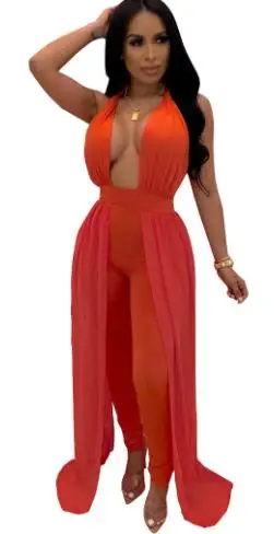 Оранжевый сетчатый лоскутный обтягивающий комбинезон для женщин глубокий v