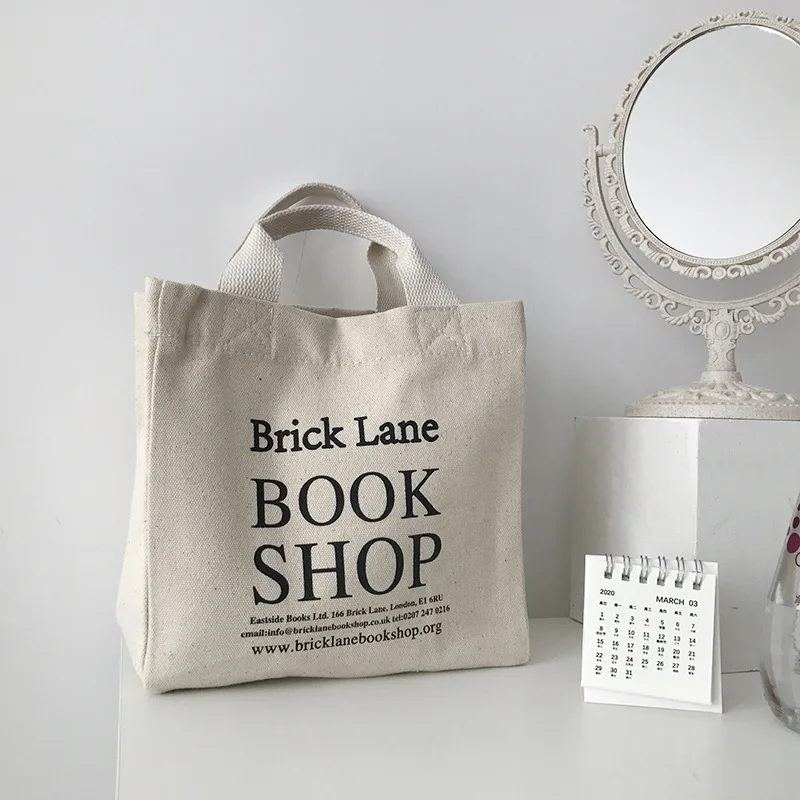 

Letter Printing Canvas Small Square Handbag Korean Simple Women Mini Hand Bags Reusable Grocery Shopping Lunch Bag Portable Bags