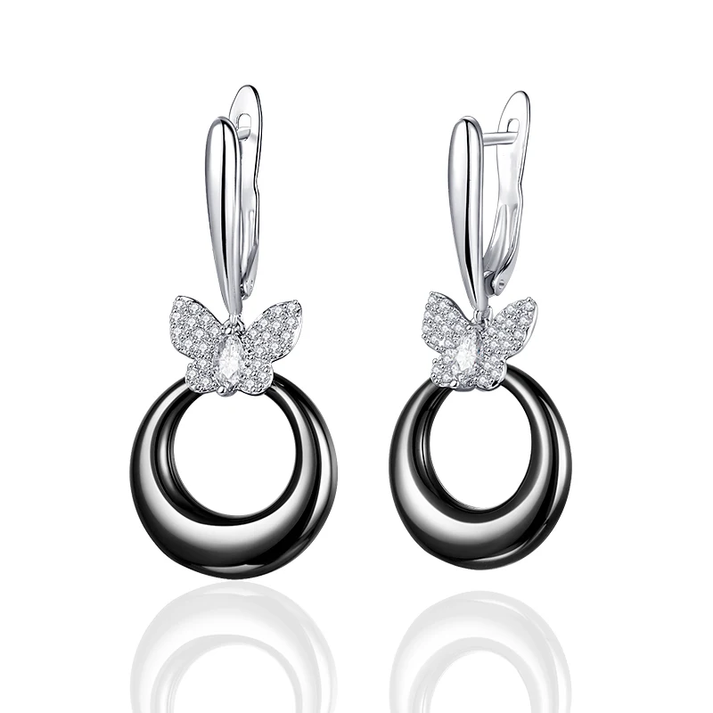 Женские керамические серьги бабочки классические черные с микро инкрустацией из