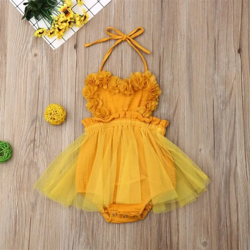 Emmababy Newborn Cotton Linen Yellow Romper Dress Kid Baby Girl Backless Party Lace Tutu Summer Clothe 0-3T | Мать и ребенок
