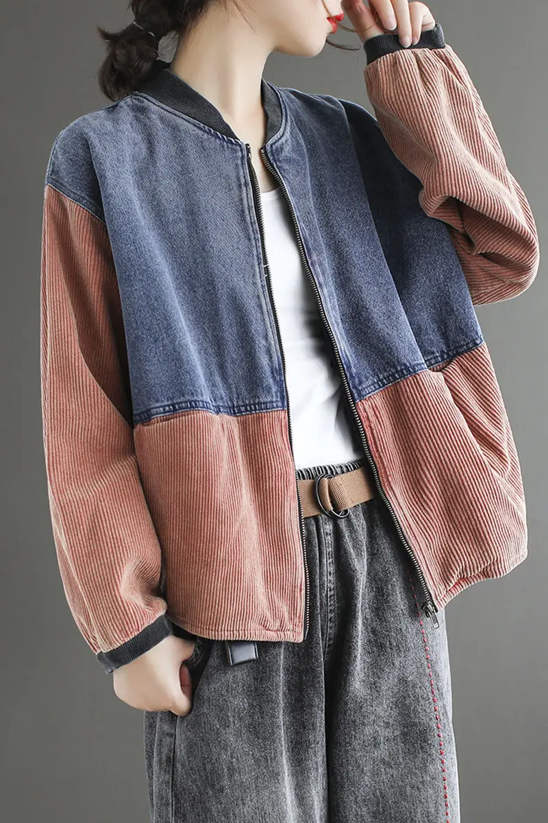 

Retro Autumn Corduroy Short Coat Female Loose and Thin Fashion Hit Color Denim Stitching Top Jacket Casual Mujer Chaqueta