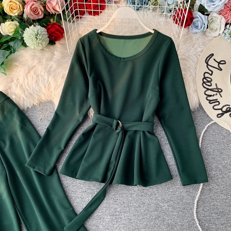 ALPHALMODA модный костюм с длинными рукавами пуловер пояс-кушак наряд+ расклешенные ноги дамы 2 шт брюки костюмы сплошной осенний комплект одежды