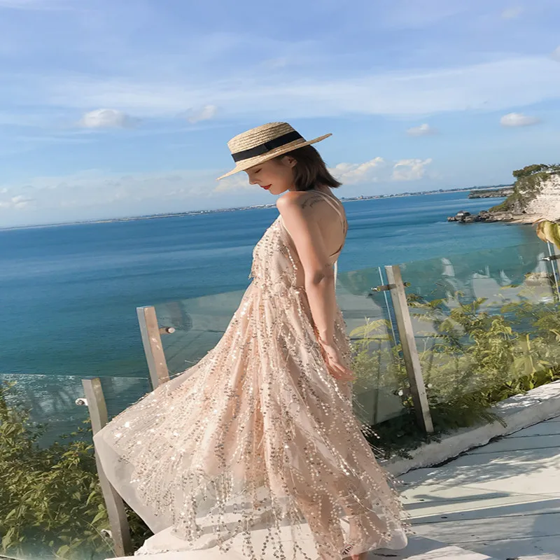 Сексуальное длинное платье с блестками женские летние праздничные платья