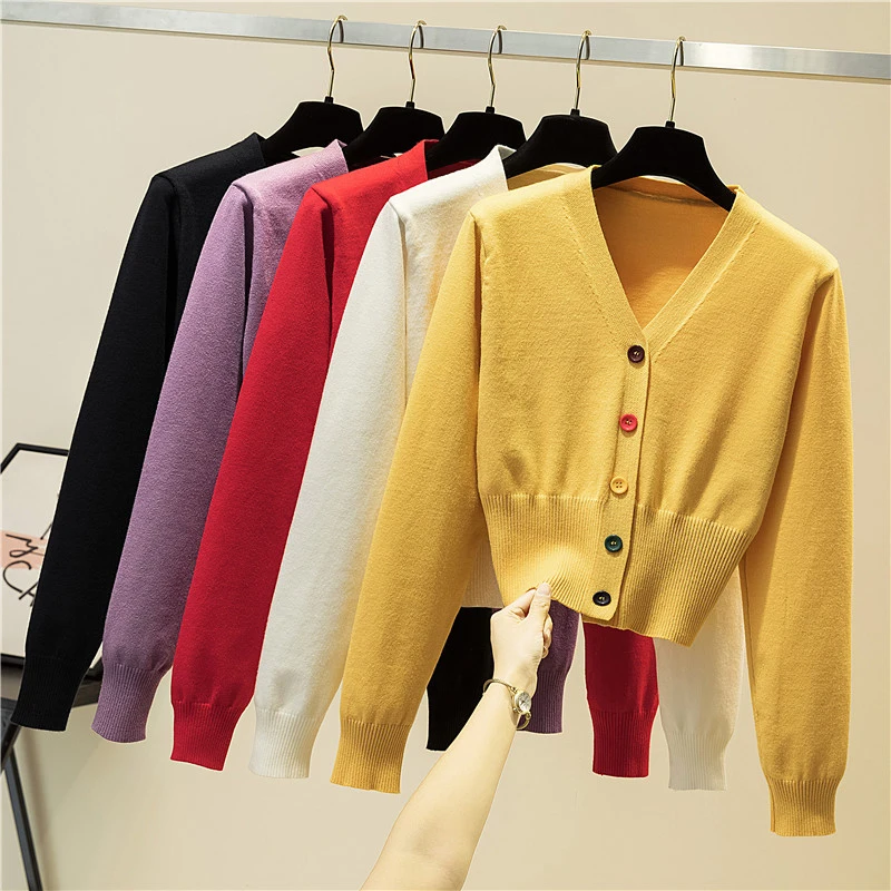 

LJSXLS 2020 Fall Winter V Neck Knitted Cardigans Women Long Sleeve Korean Casual Crop Tops Sweater Soft Outwear Cardigan Femme