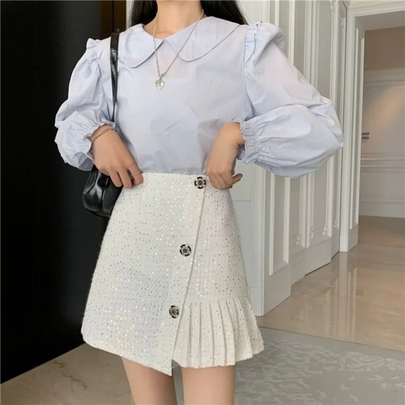 

2021 Spring Women Sequined Skirt Office Lady Chic Single Breasted High Waist Mini Pleated Skirts Women Faldas Mujer Moda Y626