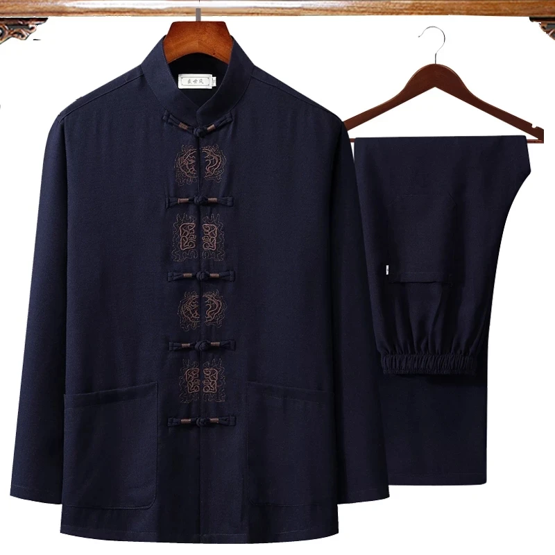 

Новая Осенняя китайская мужская хлопковая льняная одежда Wu Shu, рубашка с длинными рукавами и длинные штаны, костюм для кунг-фу тай-чи 4XL