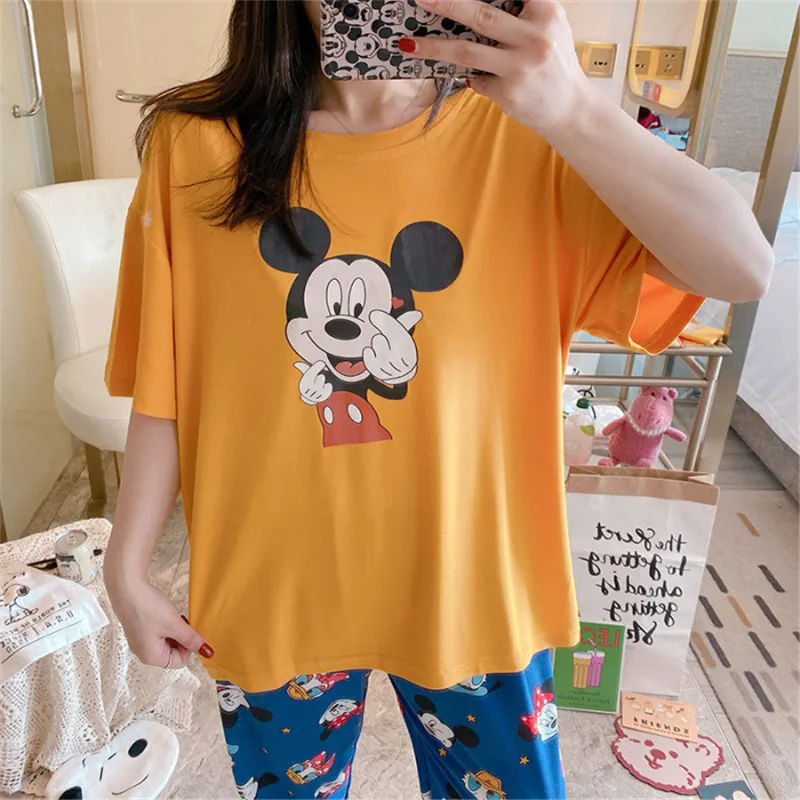 

Color cartoon Mickey print summer new pajamas women's hooded short-sleeved trousers cute pattern milk silk home service