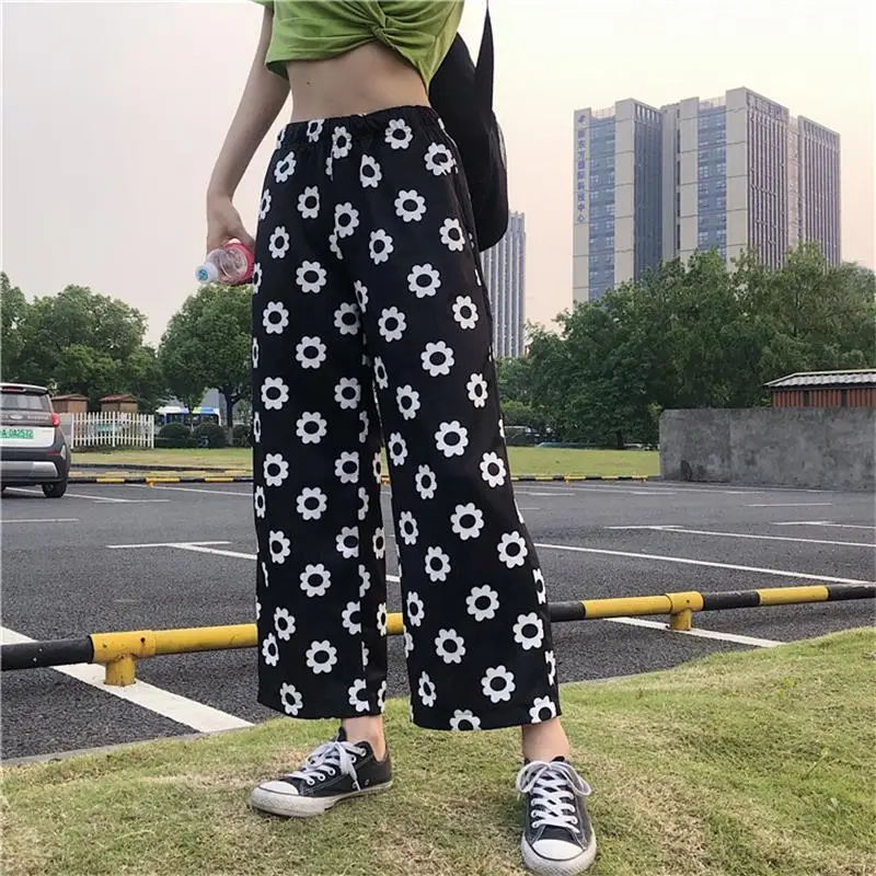 

Kawaii Chic Ins Trousers Casual Flower Loose Straight Pants Female 2021 Women's Cute Japan Harajuku Women Pant