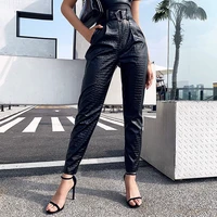 women casual elegant black trousers faux leather pu pants high waist with belt ladies pant female autumn bottoms personality new