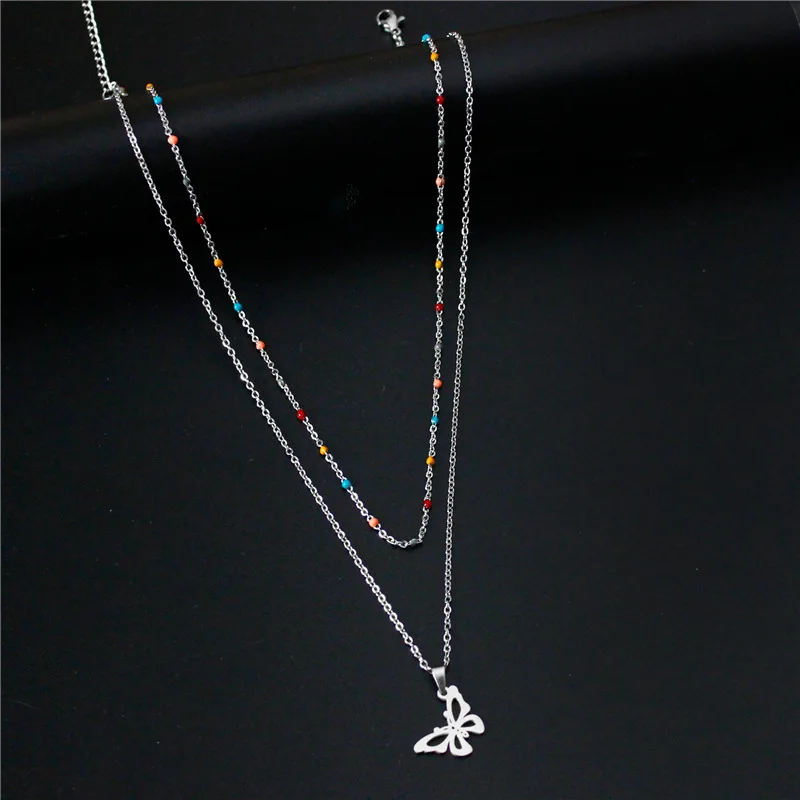 

304 Stainless Steel Double Chain Necklace Fashion Butterfly Dove Pendants Necklace Wholesale Clothing Accessories Steel Color