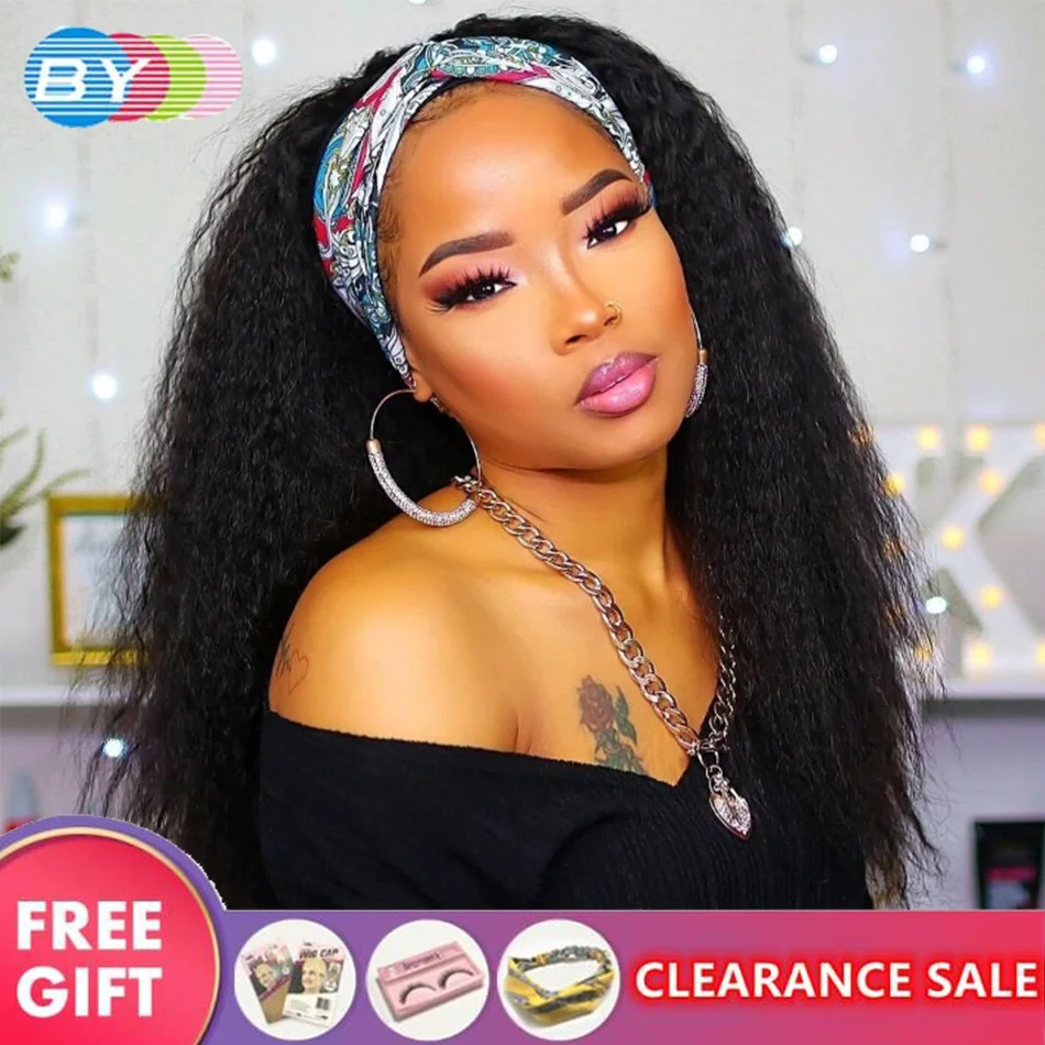 

Парик из натуральных кудрявых прямых волос яки парик с головной повязкой s, глубокая волна без клея, парик с головной повязкой для чернокожи...