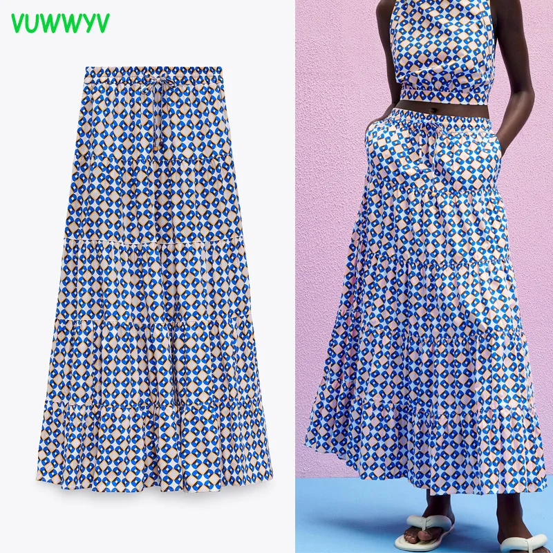 Женская длинная клетчатая юбка Za голубая винтажная плиссированная с оборками и