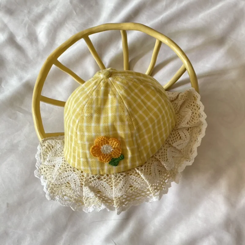 

New Summer Baby Girls Kids Fairy Basin Hat Korean Version Of Loli Lace Flower Plaid Hat