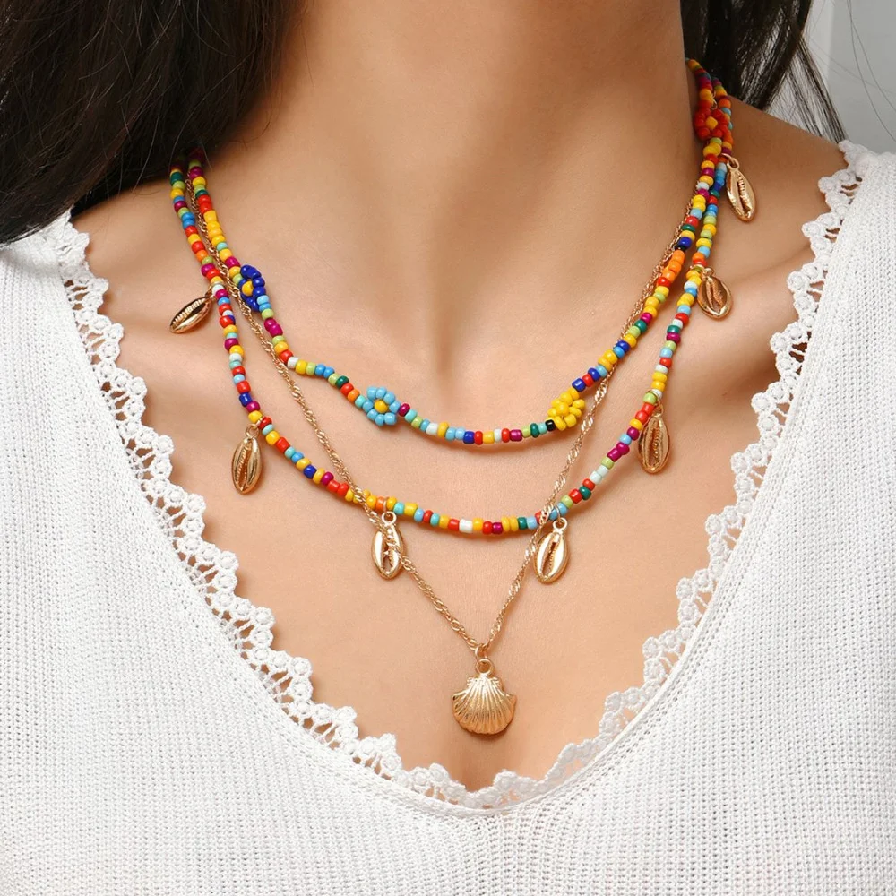 

Colorful rice beads shell girl necklace niche design creative sweet fashion flowers multi-layered metal ladies clavicle chain