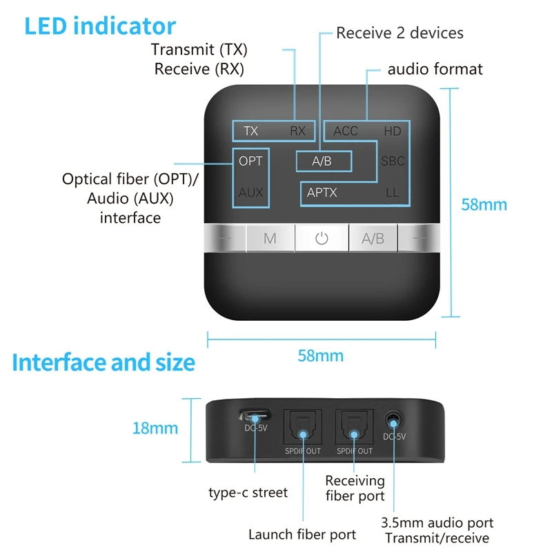 

APTX Bluetooth 5.0 Receiver Transmitter APP Control 3.5MM AUX SPDIF CSR8675 Wireless Audio Receptor for TV Speaker