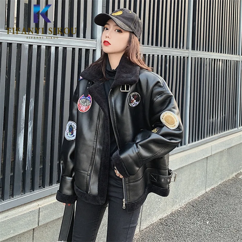 Winter Women Leather Jacket Fashion Black Motorcycle Coat Soft PU Leather Jacket Thick Warm Lambswool Outwear Female Streetwear