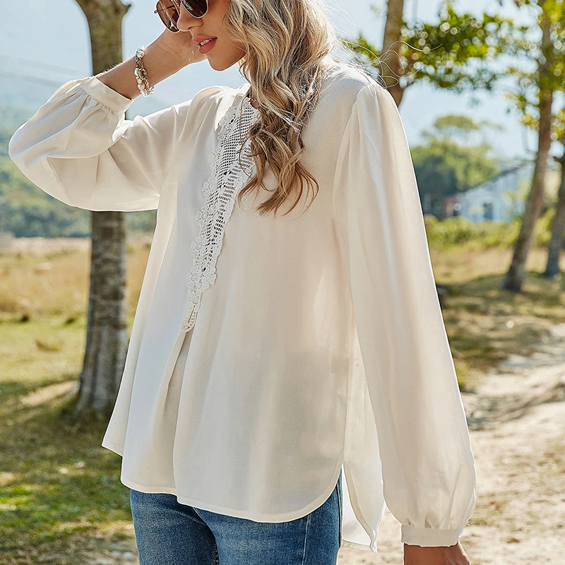 

2021 Spring Hollow Out Lace Women Blouse Elegant Office Lady blouse O-neck Lantern Sleeves Loose Solid Tops Womens Clothing Y77