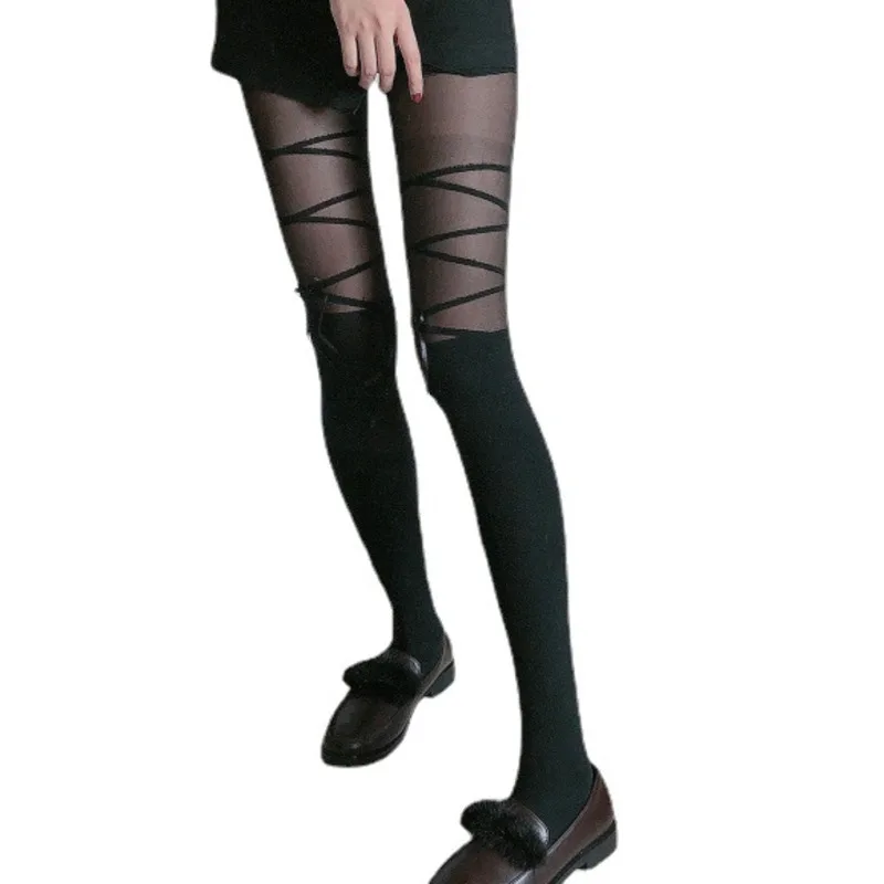 

Y Demo Sexy Harajuku Lace-up Stocking Women Harajuku Patchwork Mesh Elastic Gothic Punk Tights 2021 Fashion Trend