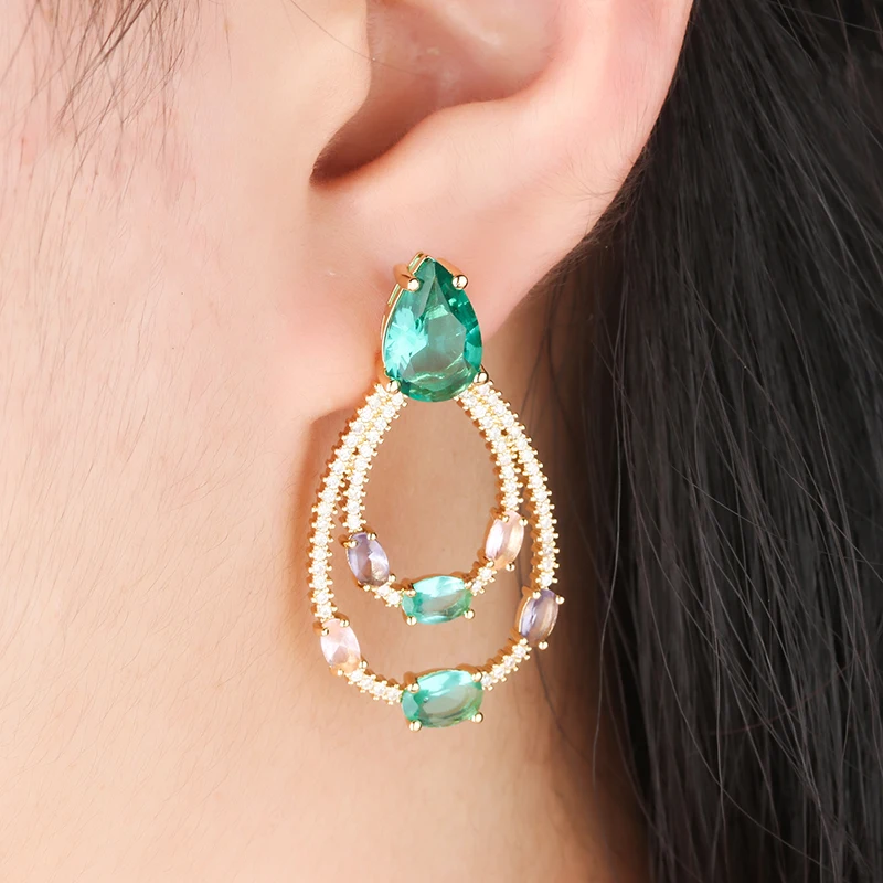 Женские двухслойные серьги с разноцветными фианитами класса ААА модные