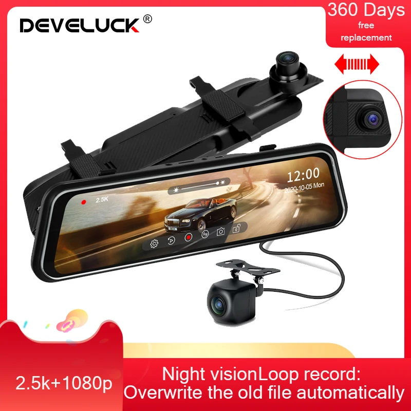 

Develuck 2021 10 Inch New Full Touch Screen Recorder Car DVR 2.5K Media Support Front and Rear Camera HD Night Vision Dash Cam