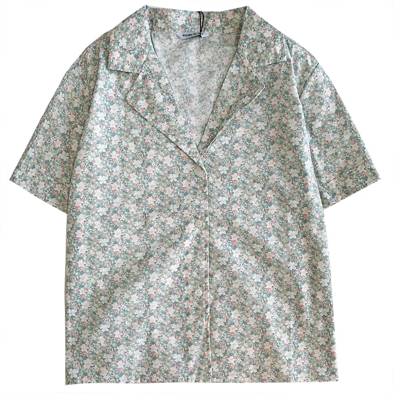 

Retro oil painting print summer turn-down collar buttoned loose short-sleeved shirt women