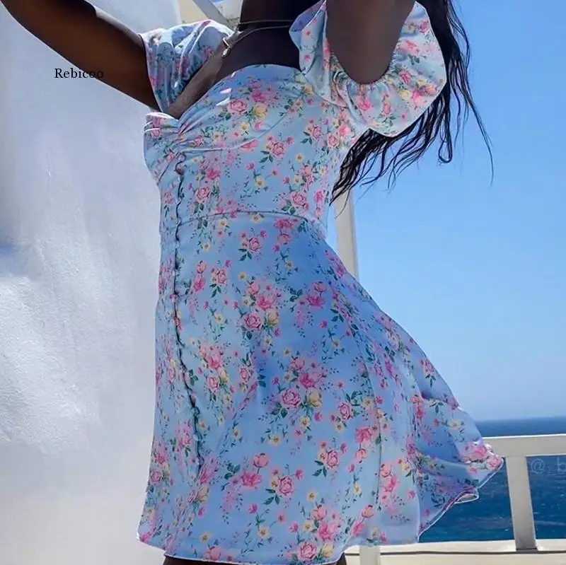 

Prairie Chic Floral Print Cottagecore Mini Dress Club Boho Puff Short Sleeve Dresses Bodycon Women's Clothing