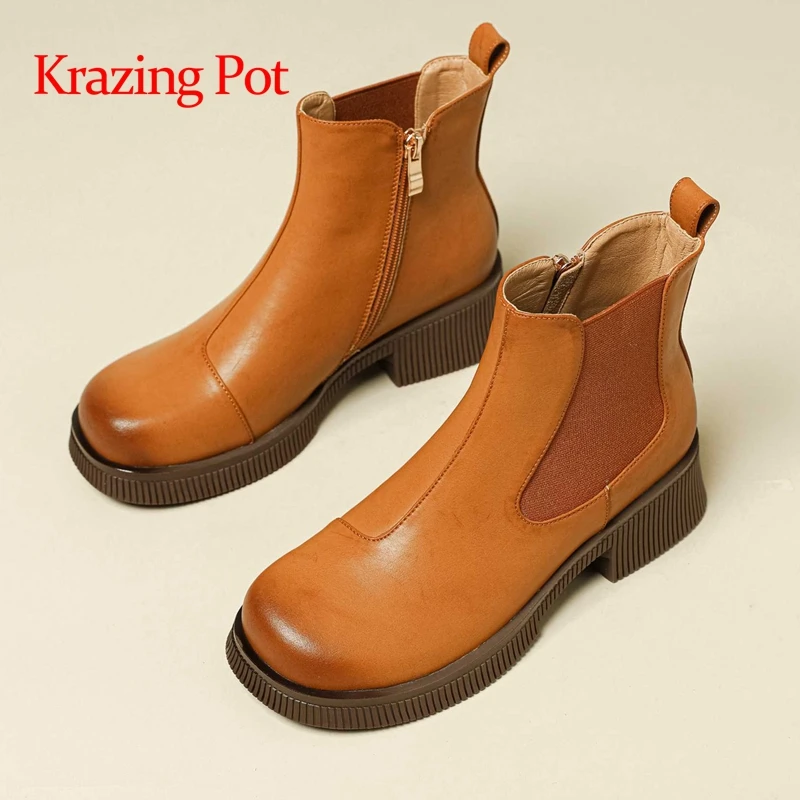 

Krazing pot cow split leather round toe med heel Chelsea boots preppy style fashion solid young girls elegant ankle boots L63