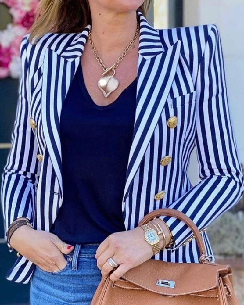 

Striped Print Blazer Coat Women Button Design Blazer Coat