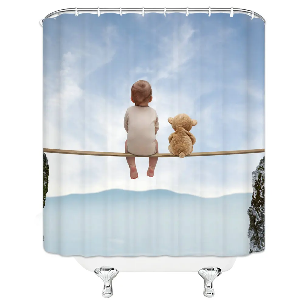 Unique Design Cute Boy and Bear Sitting on The Long Stick Picture Hanging Shower Curtain Waterproof Mildew Polyester Fabric Home