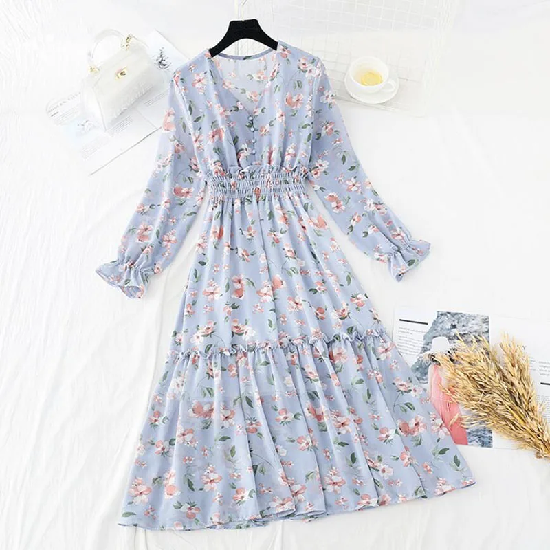 

Женское платье с длинным рукавом, винтажное платье с цветочным принтом, Новинка осени, v-образный вырез, милые тонкие шифоновые платья, элега...