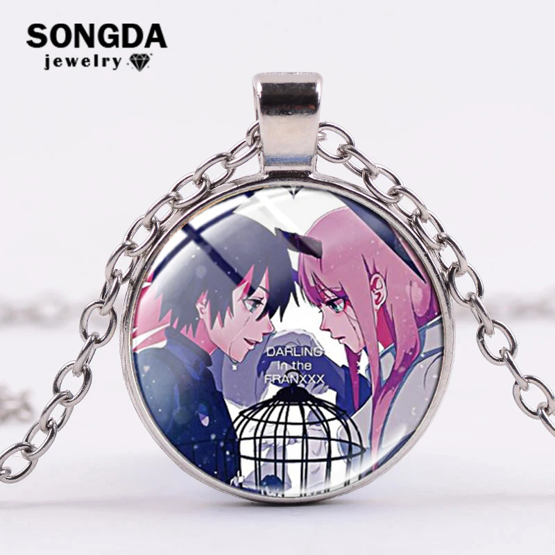 

SONGDA New Anime DARLING In The FRANXX Necklace Hiro Zero Two Figure Transparent Glass Dome Pendant Necklace Gift for Otaku Fans