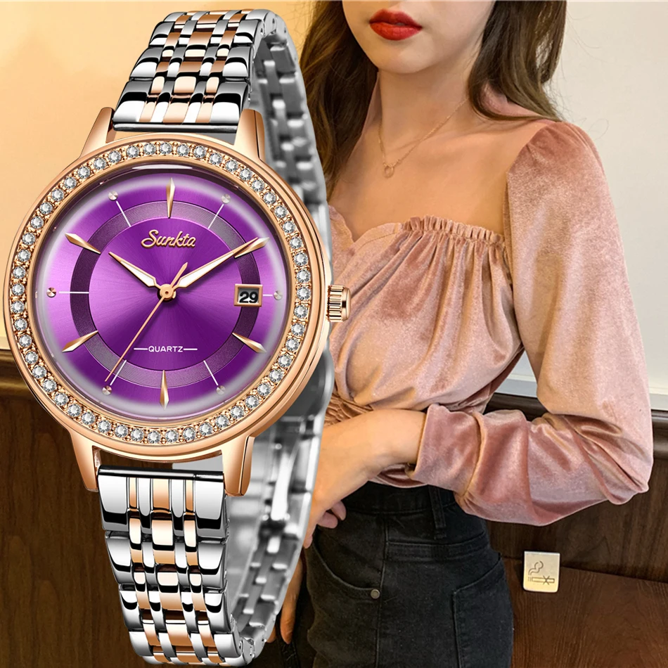 Часы SUNKTA женские золотые из нержавеющей стали с кристаллами и бриллиантами |