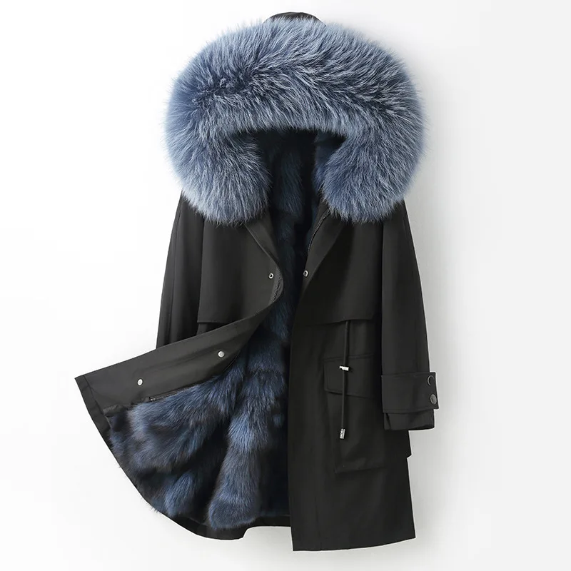 New Style Fox Hair Collar Fur Lined Hooded Warm Thick Parkas 3xl Plus Size Middle Length Removable Pockets Black Coats For Women